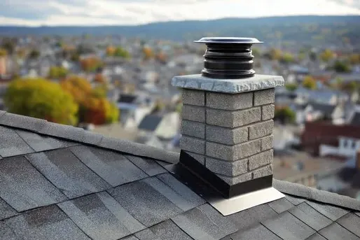 Stone chimney topped with a black cap and screen to keep animals out