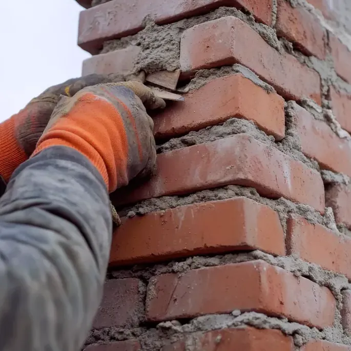 Mason pointing fresh mortar into a brick chimney stack