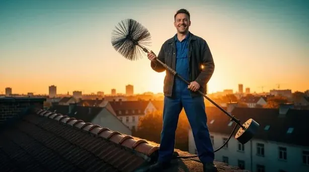 Chimney sweep smiling on a rooftop at sunset holding his brush