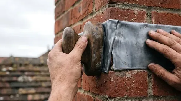 Flashing pressed tight against chimney brick to stop leaks