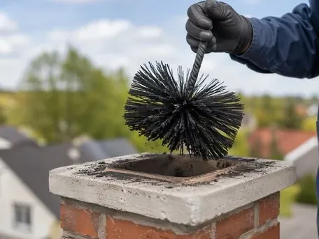 Stiff wire chimney brush lifted out of a sooty flue tile