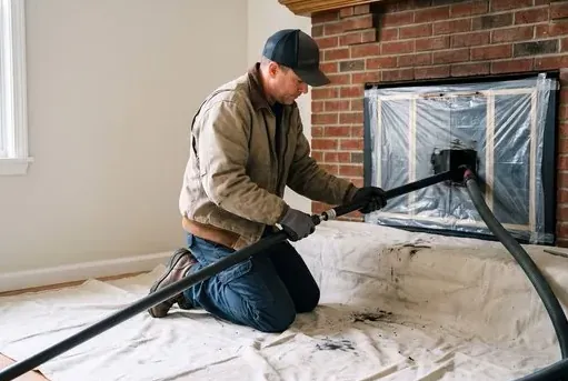 Chimney sweep running a HEPA vacuum through a plastic-sealed fireplace with drop cloths on the floor