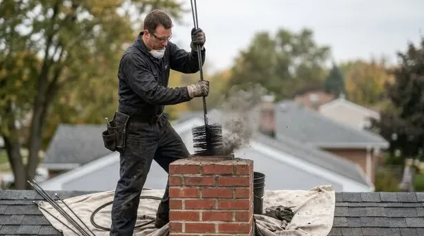 Sweep brushing a brick chimney from the roof as a cloud of soot rises