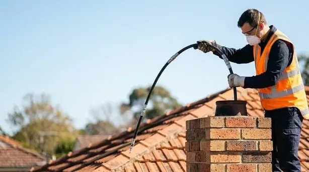 Staten Island chimney sweep in a safety vest and mask running sweeping rods down a brick chimney from the roof