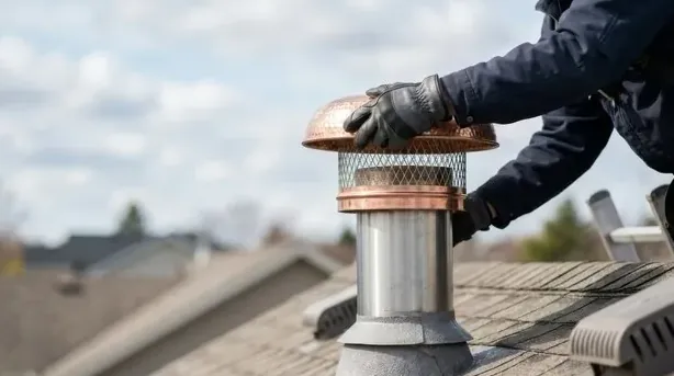 Stainless steel flue pipe with a copper cap being fitted on a roof