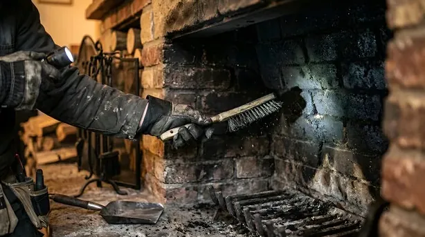 Gloved hand brushing soot off the brick walls of a fireplace firebox